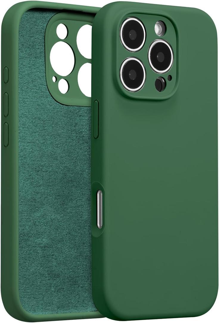 for iPhone 16 Pro Case Silicone,with [Full Camera Protection][Soft Anti-Scratch Microfiber Lining],Liquid Silicone Ultra Slim Shockproof Phone Case for Men Women Girls-Green