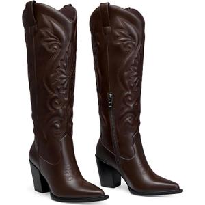 CELLENZ Women High Cowboy Boots: 3.5 Inch Chunky Heels Cowgirl Boot, Pointed Toe Trendy Knee High Boots, Wide Calf Comfortable Embroidered Western Tall Boots Size 9.5