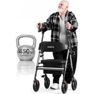 Upright Walkers for Seniors, 450 lb Heavy Duty Stand Up Rollator Walker with Adjustable Soft Sponge Armsupport & Seat, Tall Standing Folding Rolling Walker with 8'' Wheel, Grey
