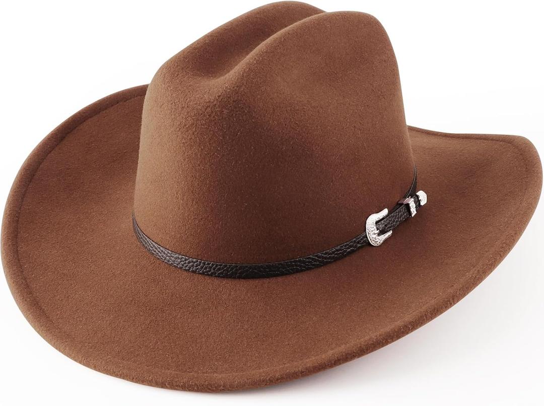 AQOKKA Western Cowboy Hats for Women Classic Felt Wide Brim Fedora Hat with Belt Buckle Retro Panama Hat Unisex Rolled up Cap (1 Pc Fedora Hat : Khaki)