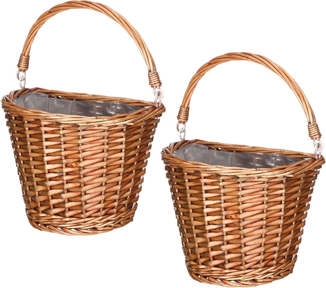 2 Pcs Woven Wicker Hanging Basket Door Hanging Basket Hanging Wicker Wall Basket with Plastic Liner Lower Plants Woven Basket for Home Garden Farmhouse, 5.9"D x 9.84"W x 6.69"H