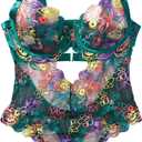 FEOYA Women Lingerie Sexy Floral Lace Bodysuit Deep V Strappy Mesh Corset One Piece XL (Green)