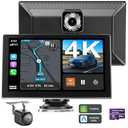 Portable CarPlay Screen for Car, 9'' Wireless Apple CarPlay & Android Auto Screen for Car, 4K Dash Cam, 1080P Backup Camera, GPS Navigation/Bluetooth/FM/Siri Voice Control for All Vehicles