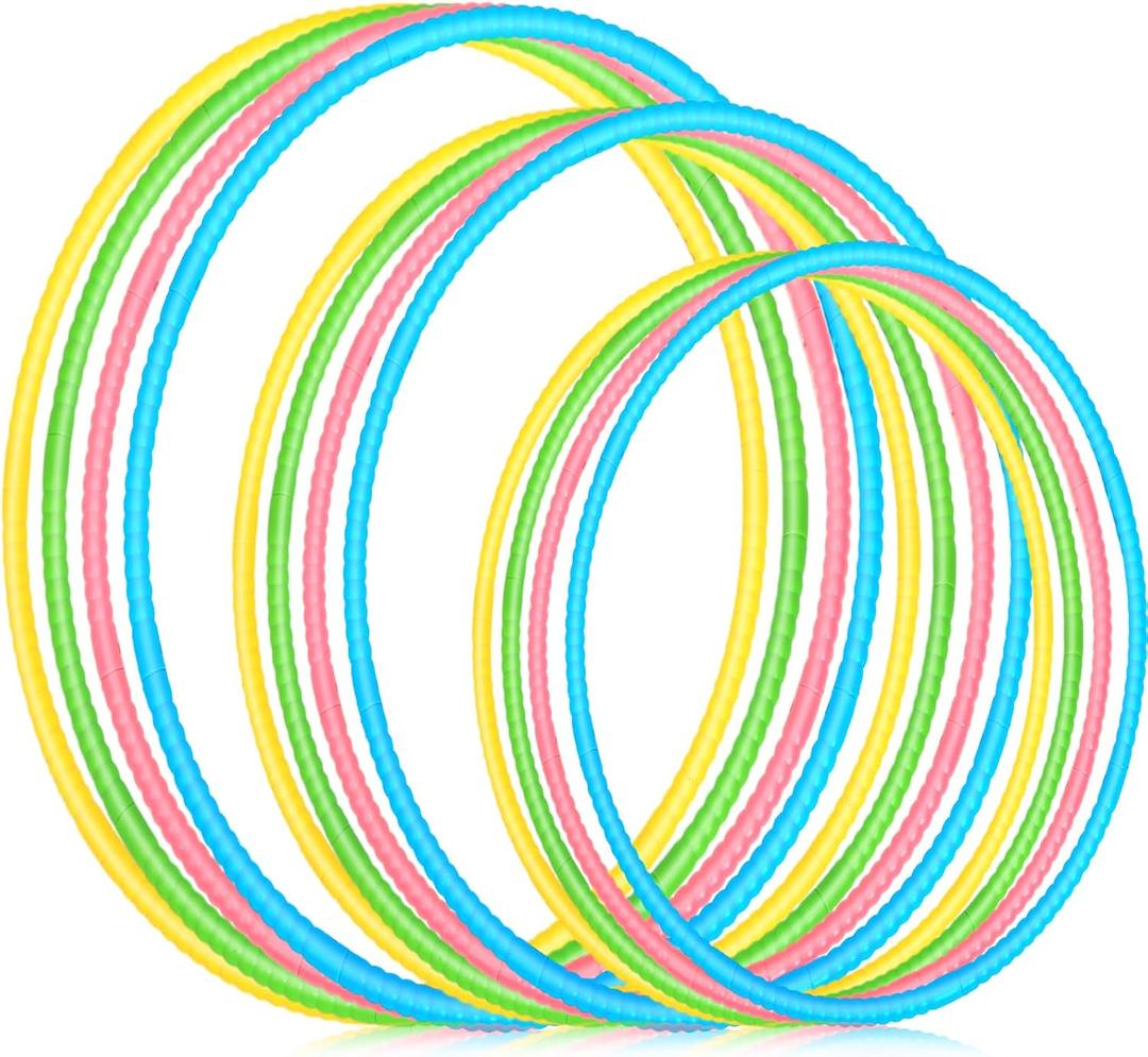 Syhood 12 Pcs Toy Color Hoop Plastic Detachable Adjustable Hoop Light Weight Exercise Fitness Equipment Toy Waist Ring for Adult Party, 3 Sizes(Green, Pink, Yellow, Blue)