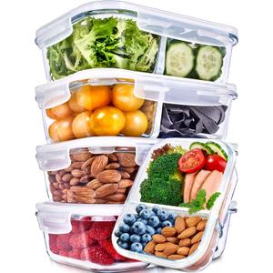 Prep Naturals 36oz Glass Meal Prep Containers - Airtight Glass Food Storage Containers with Lids - Dishwasher, Microwave & Oven Safe Meal Prep Bowls - Pack of 5, 36 Oz, 2-Compartment, Clear