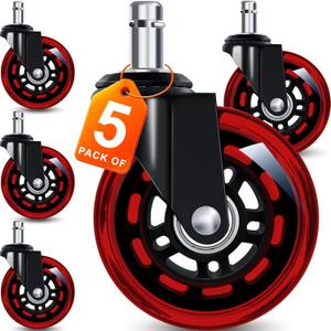 Office Chair Wheels for Casters Replacement - 3" Rubber Wheels for Computer Gaming Desk Caster Smooth & Safe Rolling for All Floors Including Hardwood and Carpet - Set of 5 - Red