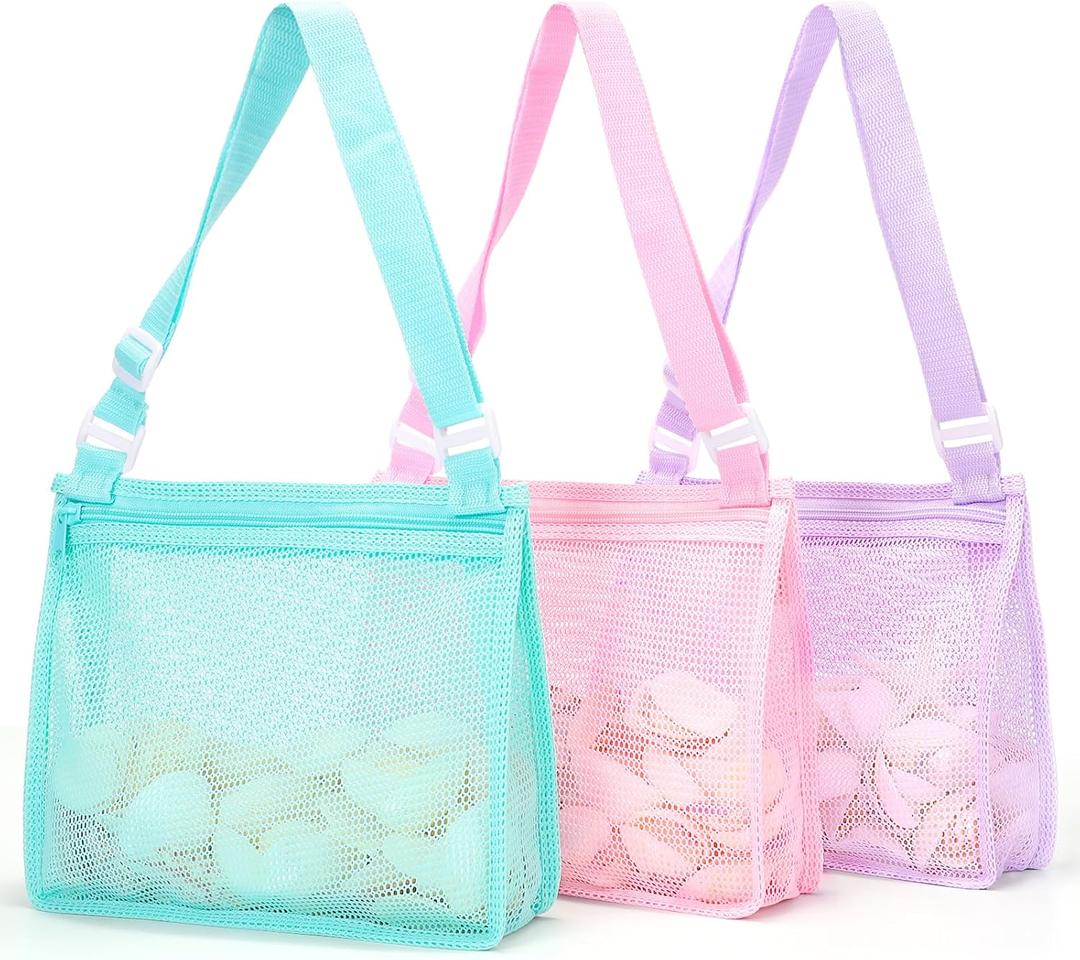 Tagitary Beach Toy Mesh Beach Bag Sand Toy Seashell Bag for Holding Shells Pool Bag with Zipper Swimming Accessories for Kids Boys and Girls(Only Bags,A Set of 3) (Rose Pink+Lilac Purple+Aruba Blue)