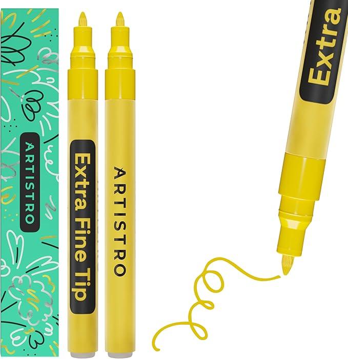 ARTISTRO 2 Yellow Acrylic Paint Markers - 0.7mm Extra Fine-Tip Paint Pens and  2 White Dual-Tip Acrylic Paint Pens - Multisurface Markers for Fabric, Plastic, & More, 1 mm Fine & Brush Tips