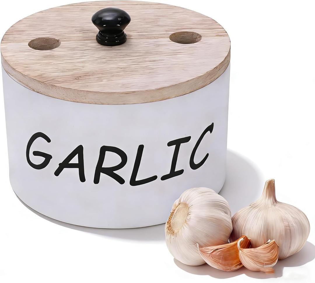 Breathable Garlic Container for Counter, Wooden Garlic Keeper with Vented lid, Large Garlic Storage Holder & Jar to Keep Fresh, White Garlic Jar