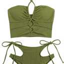 SweatyRocks Women's Lace Up Cut Out Halter Bikini Set High Waisted Two Piece Bathing Suit Swimwear (Large, Olive Green)