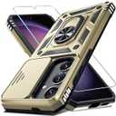 Janmitta Compatible with Samsung Galaxy S24 FE Case Built in Slide Camera Lens Cover+Screen Protector+Finger Ring Holder Kickstand, Heavy Duty Shockproof Full Body Phone Cover, 2024 Gold
