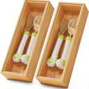 Bamboo Kitchen Drawer Organizer Boxes 9" x 3" Stackable Wood Silverware Utensil Tray for Drawers Bins, Cutlery & Flatware Storage Wooden Organizers Set of 2 for Junk Drawer, Bathroom, RV