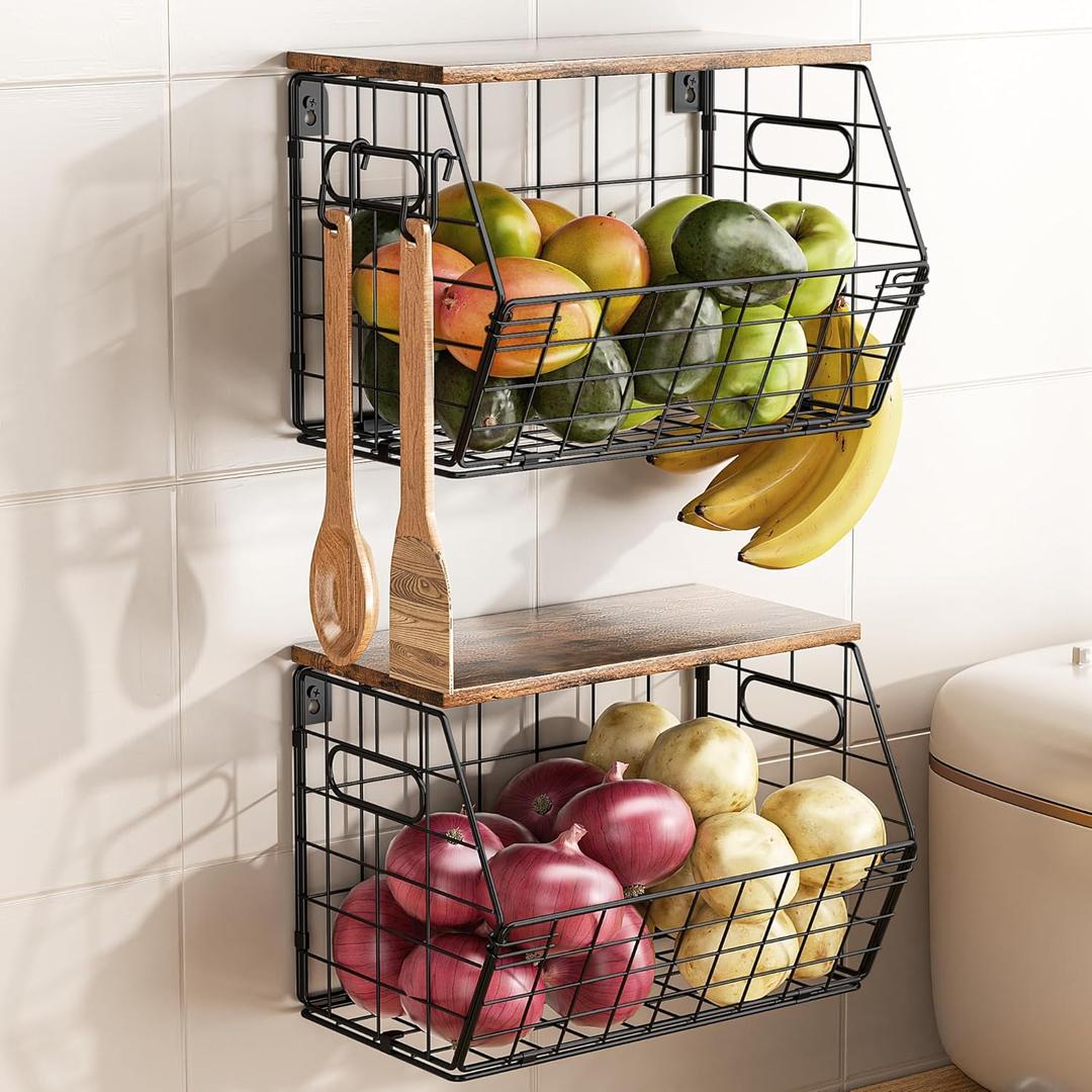 Delamu Stackable Metal Fruit Basket with Wood Lid 2 Pack, Hanging Wall Organizer for Kitchen Counter, Pantry Storage for Onions, Potatoes, Garlic, Fruits, Spices, Black