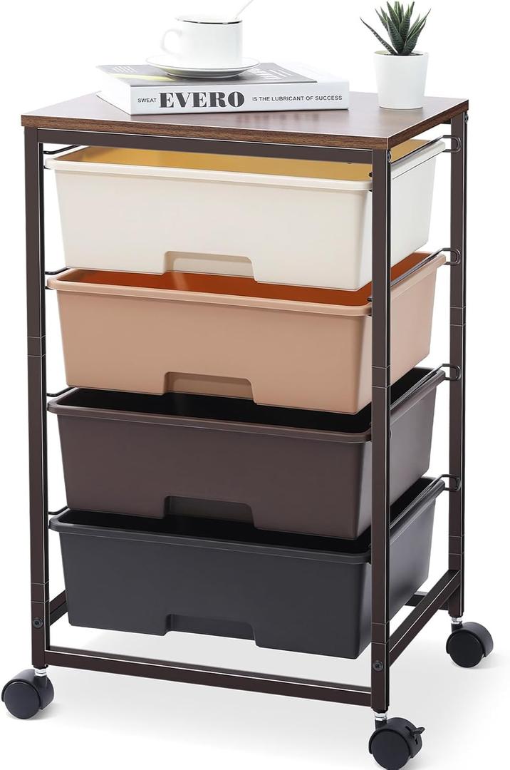 SYKIARIOL Utility Cart with 4 Drawers, Rolling Storage Cart with Drawers, Storage Rolling Drawer Cart, Brown