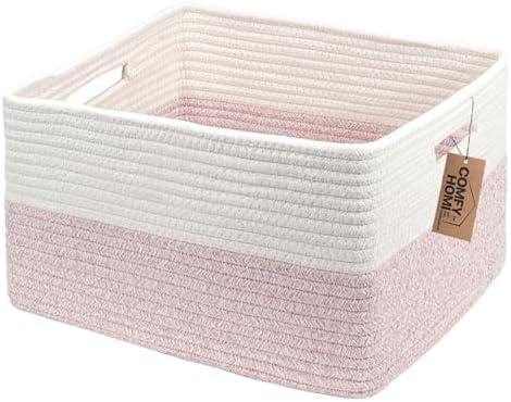 COMFY-HOMI Cotton Rope Woven Basket with Handles for Shelves,Toys,Book, Cloth Storage Baskets for Organizing-17" x 13" x 7.5" Toy Decorative Organizer for Living Room, Bathroom （white/pink）