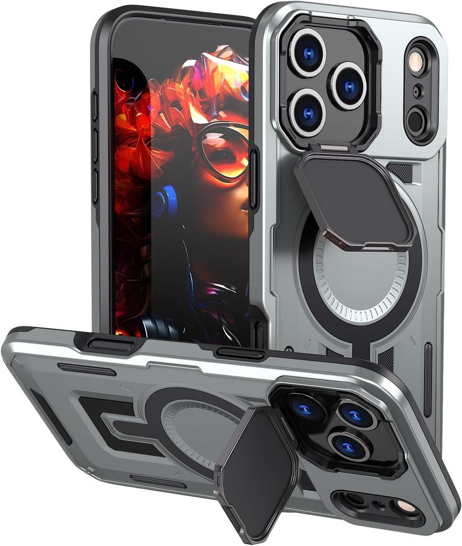 Designed for iPhone 17 Pro Max Case, Full Camera Protection, Built-in Invisible Kickstand, Heavy Duty Rugged Case with Dual-Layer Shockproof, Wireless Charging Compatible (Gray)