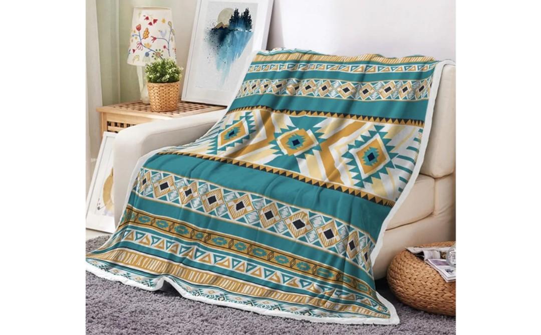 Aztec Throw Blanket, Native American Southwestern Navajo Tribal Style Warm Throw, Boho Western Decor Flannel Cozy Throw Blanket for Sofa Camping Couch Bed Travel 50×60 inch, Teal