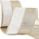 Ivory Velvet Wired Christmas Ribbon 4 Inch Extra Wide Thick Ivory and Gold Glitter Holiday Ribbon  10-Yards Roll for Tree Decorations, Gift Wrapping, Wreaths, and DIY Crafts