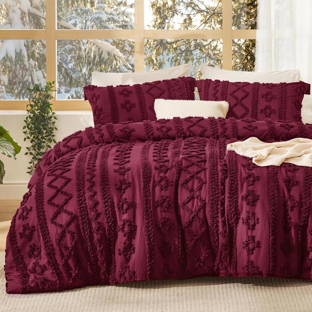 Bedsure Tufted Boho Comforter Set Twin Size - Burgundy Boho Bed Set, GentleSoft™ 2 Pieces Farmhouse-Style Embroidery Bedding, Gifts for Woman, Soft Jacquard Kids' Twin Comforter for All Seasons