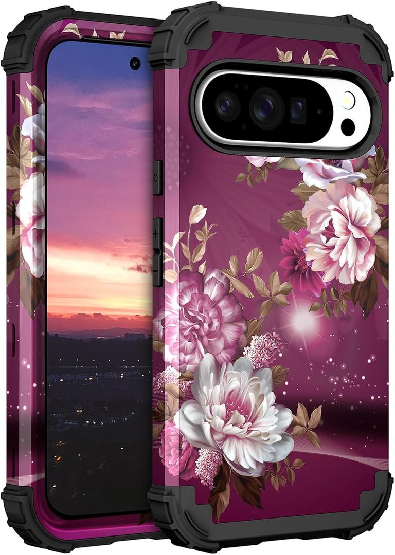 Hocase for Google Pixel 10 Pro XL Case, Shockproof Heavy Duty Protection Hard Plastic+Silicone Rubber Bumper Hybrid Protective Case for Google Pixel 10 Pro XL 6.8" 2025 - Royal Purple Flowers