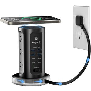 Kakyanill 30W USB Charging Station, Surge Protector Power Strip Tower, 9 AC Outlets with 8 USB Ports(4 USB-C), 6Ft Flat Plug Retractable Extension Cord, for Home Office Dorm, Black