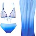 SHENHE Women's 3 Piece Swimsuits Ombre Triangle Bathing Suit with Sarong Coverup Wrap Skirt (Blue, S)