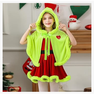 Kid Girl Elf Christmas Cape Xmas Green Fur Hooded Cloak Christmas Cosplay Santa Outfit, Large