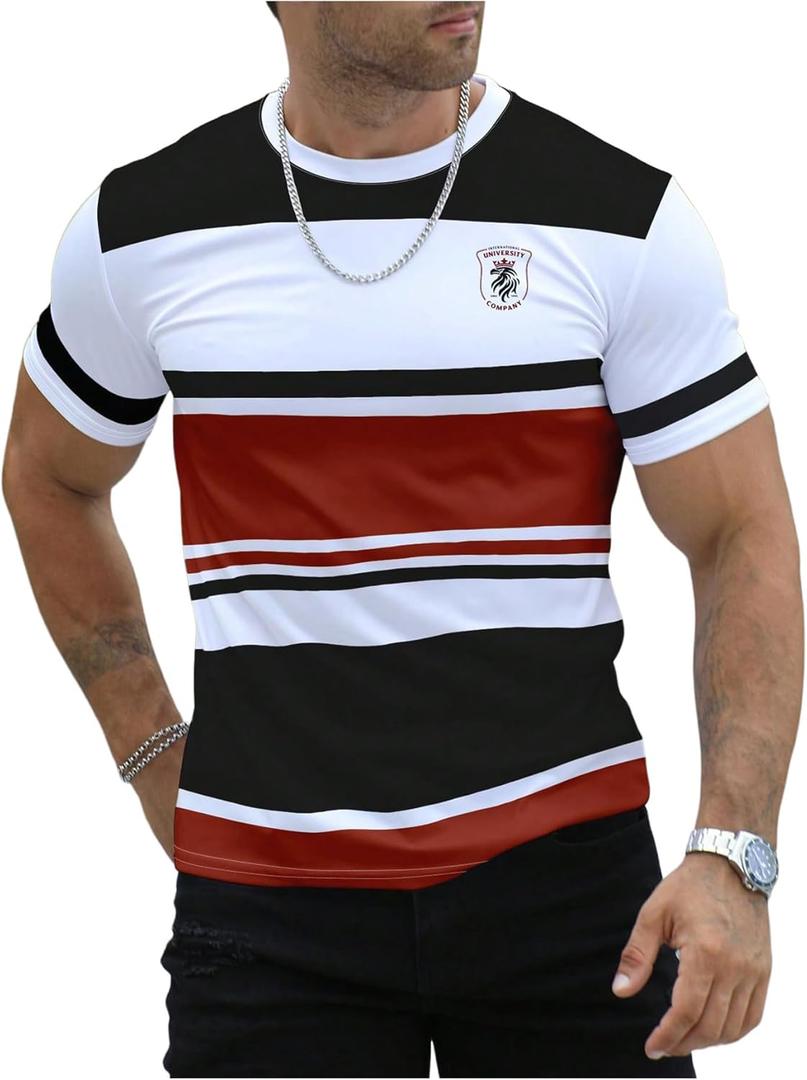 Floerns Men's Striped Print Color Block Short Sleeve T Shirt Crewneck Summer Tee Shirts (XX-Large, Black and Red)
