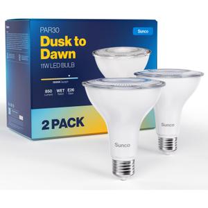 Sunco 2 Pack PAR30 LED Dusk to Dawn Light Bulbs, 850 Lumens, 11W, 5000K Daylight, Non-Dimmable, E26, Wet Rated Outdoor Flood Light Bulb with Photocell Sensor, for Porch, Patio, Backyard, UL