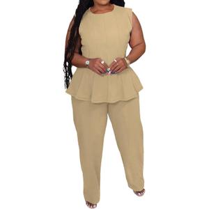 Womens Plus Size 2 Piece Outfits Pants Sets Summer Sleeveless Peplum Tank Tops Wide Leg Pant Suits Matching Sets (Beige, XXL)