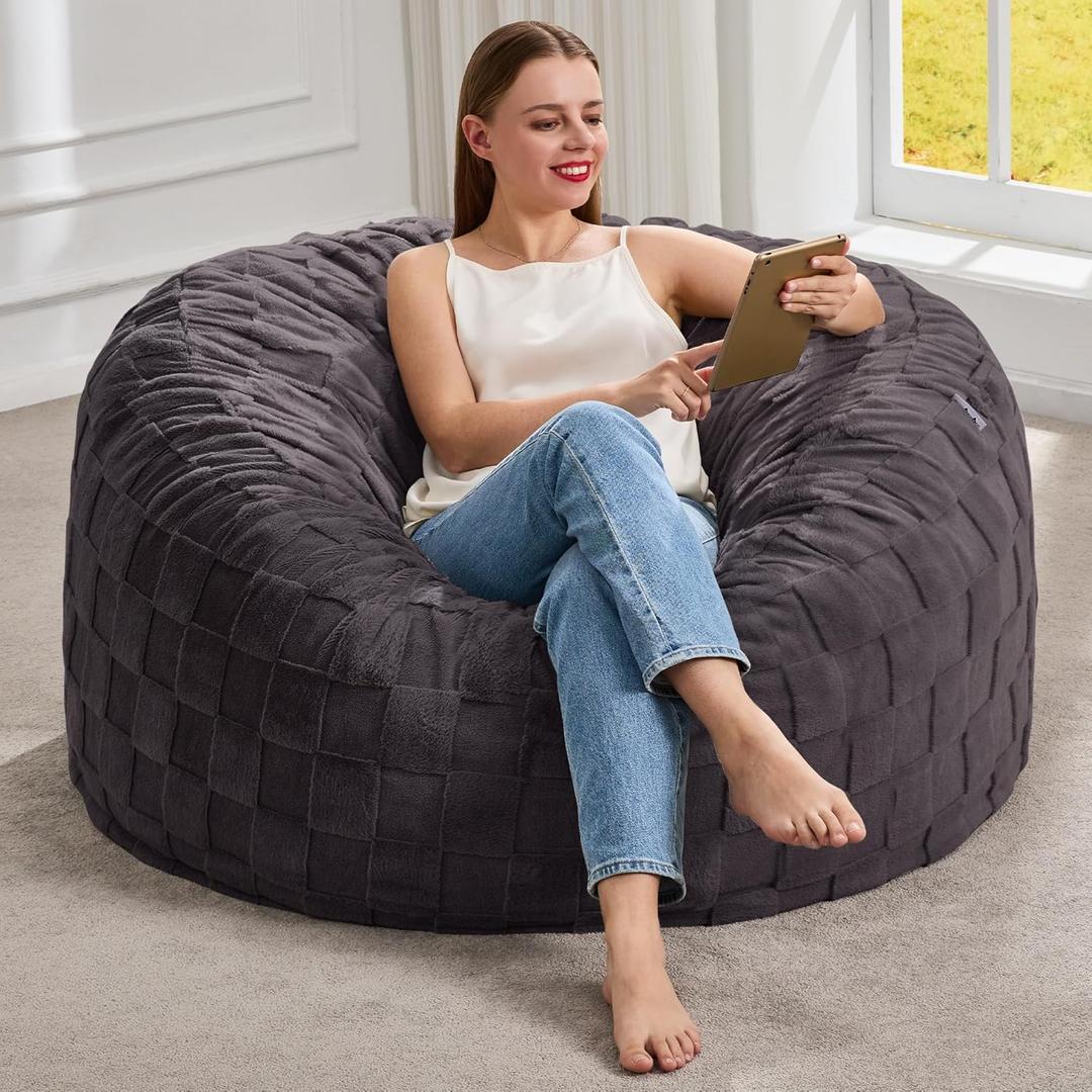 Hobestluk Bean Bag Chairs Beanbag Chair with Filler Adult Bean Bags with Fluffy Plaid Cover, Giant Bean Bag Chairs for Adults for Living Room, Bedroom (Dark Grey, 3FT - 36 x 36 x 22)