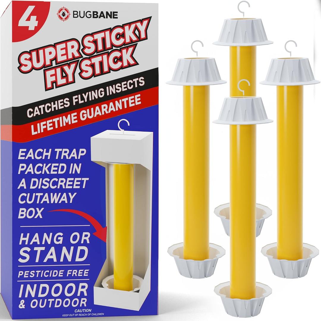 Fly Stick Sticky Fly Traps for Indoors/Outdoors 4pk. Non-Toxic Super Sticky Hanging Fly Catcher Paper Tape Strips for Home. Catches All Bugs and gnats. Indoor Outdoor House Flying Insect Trap.