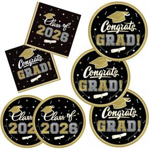 Class of 2026 Graduation Party Supplies - Serve 16 with Black and Gold Graduation Decorations Disposable Paper Plates and Napkins Set, for Congrats Grad Decorations and Favors