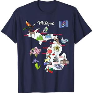 Illustrated Map of Michigan USA Cities Symbols T-Shirt 2XL