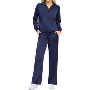 difficort Women's 2 Piece Outfits Sweatsuit Casual Lapel Half Zip Sweatshirts Straight Leg Pants Tracksuit Travel Lounge Set (Blue, XXL)