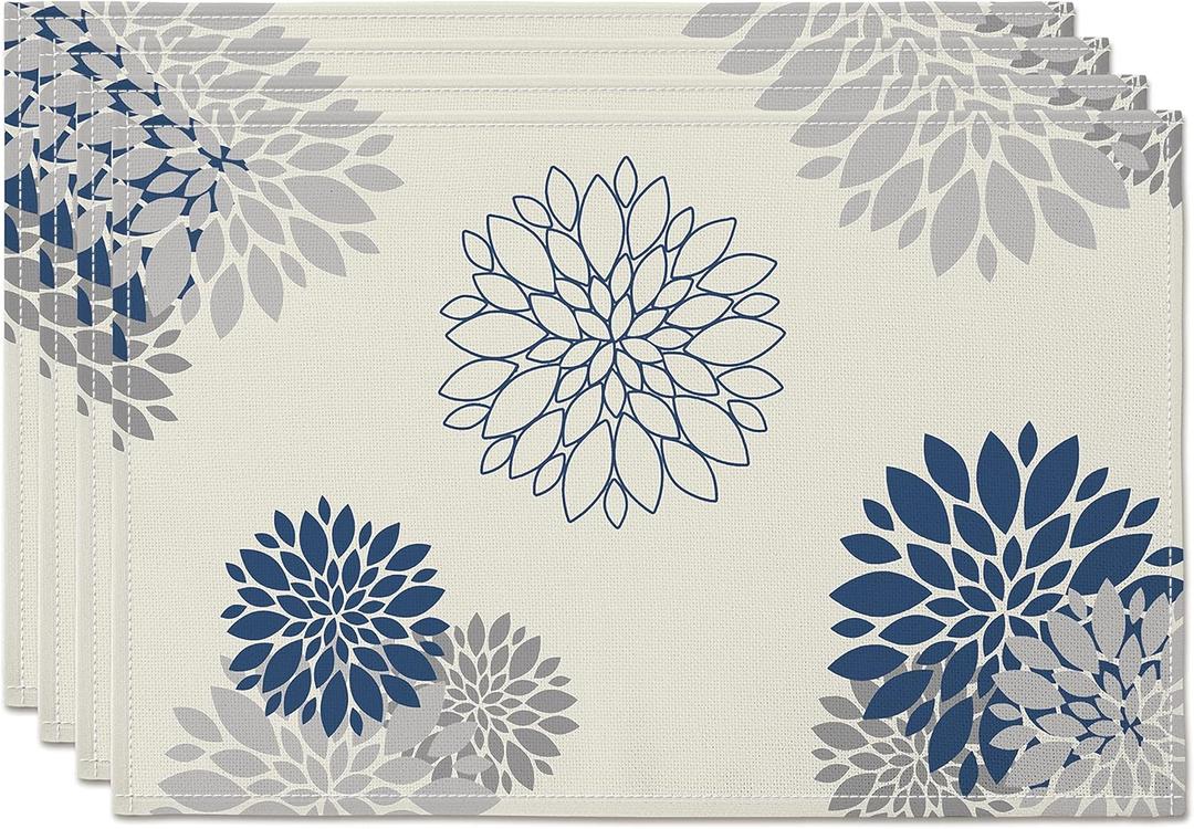 Blue Gray Placemat Dahlia Pinnata Flower Beige Burlap Waterproof Rectangular Place Mats Modern Washable Farmhouse Table Top Decor for Kitchen Dining Home Party Indoor Outdoor 12 x 18 Inch