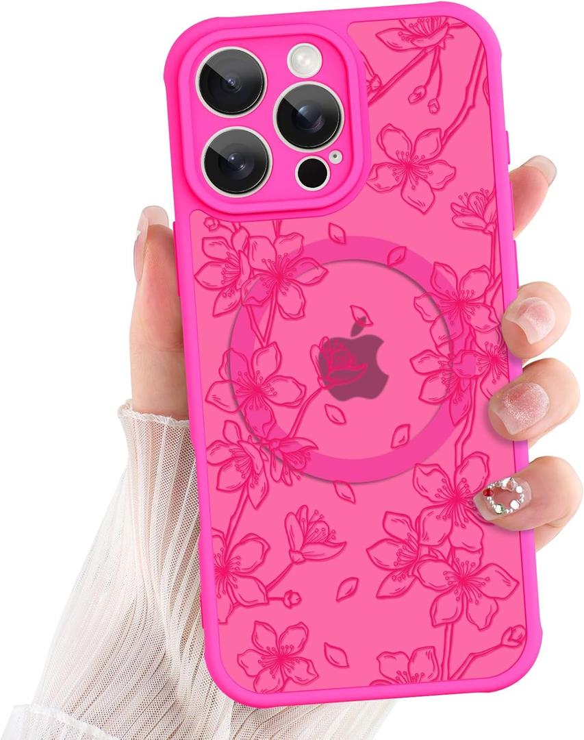 ZIYE for iPhone 16 Pro Max Case Flower Floral Pattern Hot Pink Compatible with Magsafe Phone Case with Camera Protection,Soft TPU Bumper Hard PC Protective Magnetic Phone Cover