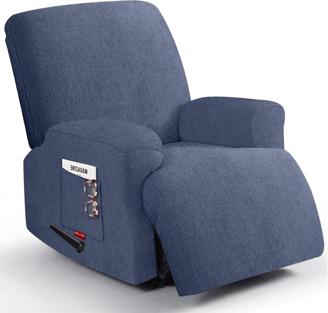 3 Pieces Stretch Recliner Chair Covers - Plush Fabric Slipcovers & Durable Furniture Protectors for Kids and Pets (1 Seater, Blue Gray)