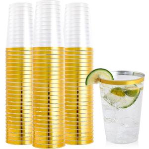 FOCUSLINE 100 Pack 12 oz Gold Rimmed Plastic Cups, 12 Ounce Clear Plastic Tumblers, Heavy-duty & Fancy Disposable Hard Cups with Gold Rim for Wedding