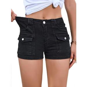 Women's Stretchy Jean Shorts Mid Waisted Twill Shorts Stretch Junior Booty Denim Shorts with Pockets Club Night (Black, Small)