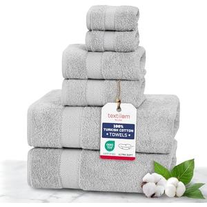 TEXTILOM 100% Turkish Cotton 5 Pcs Luxury Bath Towels, Soft & Absorbent Bathroom Towels Set (2 Bath Towel, 1 Hand Towel, 2 Washcloths)- Light Grey