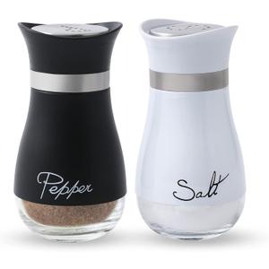 Lonffery Salt and Pepper Shakers Set - Salt Containers for Gifts, Kitchen Decor, Home, RV, Camp, BBQ, 4 oz Farmhouse Spice Dispenser with Glass Bottom, Black and White, Set of 2