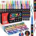 Acrylic Paint Markers Brush Tip 120 Colors, Automatic Ink Control System, Premium Acrylic Paint Pens for Canvas, Rock Painting, Glass, Wood, Ceramic Surfaces, DIY Crafts (Includes Replacement Nibs)