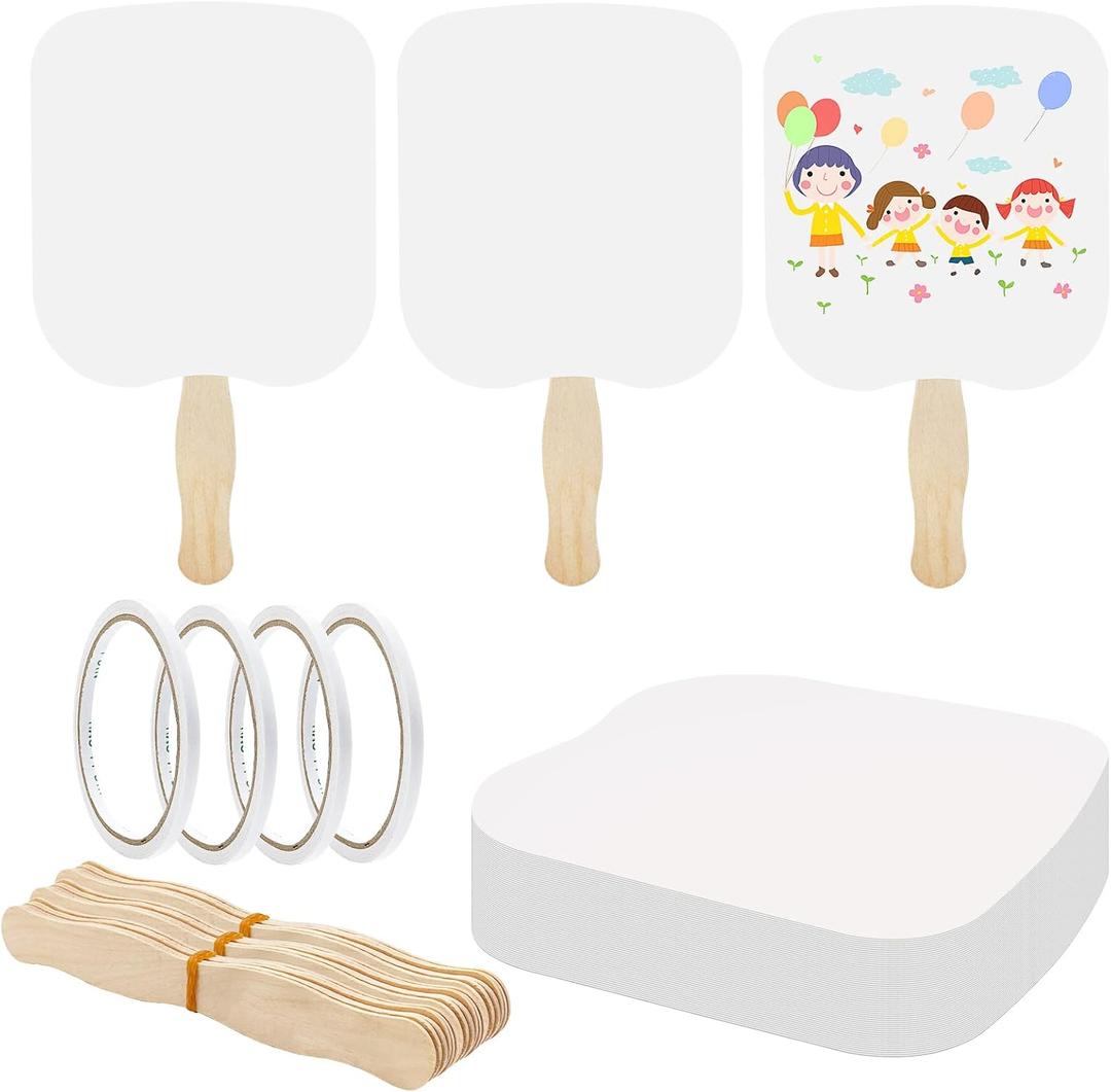 Fansunta 30 Pieces Church Fans Handheld Set, Including Fan Handle Craft Sticks Wavy Wooden Sticks, Blank White Cardstock, Double Sided Tape Church Fans for DIY Crafting Painting