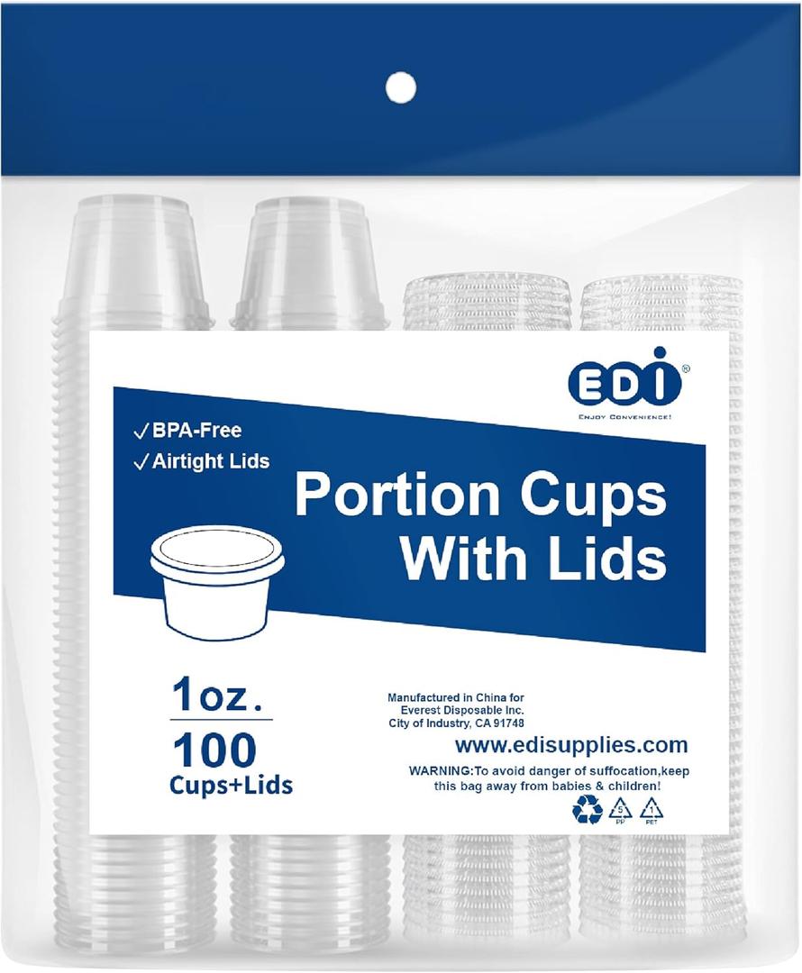 EDI [1 OZ, 100 Sets] Clear Disposable Plastic Portion Cups With Leakproof Lids | Jello Shot, Condiment, Dipping Sauce, Souffle Cups | BPA Free | Recyclable