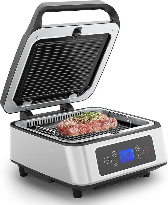 Sunvivi Indoor Grill, 1300W Smokeless Grill Indoor with Auto-Lift, Electric Griddle Nonstick with Removable Plates, Independent Upper Heating, Smart Time & Temperature Control, Easy to Clean and Store