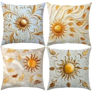 OBSEDE Vintage Golden Sun and Leaf Pattern Mural Throw Pillow Covers 18  18 in, Set of 4, Couch Cushion Cases Inserts for Sofa Bed Living Room Home Decor, Single Side Print