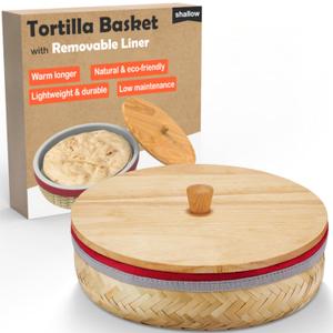 Tortilla Warmer Basket w Removable Insulation Liner, 9.4'' Large Bamboo Tortillas Holder w Wooden Lid - Cotton Warmer Pouch Microwavable, Lightweight & Durable Tortillero For Bread Roti - Shallow (Short)