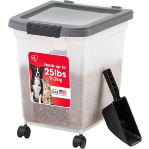 IRIS USA Airtight Dog Food Storage Container 25 lbs, Removable Wheels, for Dog Cat Bird and Other Pets, Food Storage Bin, Keep Fresh, Made in USA, Clear/Dark Gray