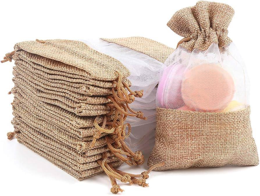 Burlap Drawstring Gift Bag, Mesh See Through Gift Bags With drawstring 4x6 Inch Organza Treat Pouch for Jewelry Wedding Baby Shower Easter Soap Party Favor